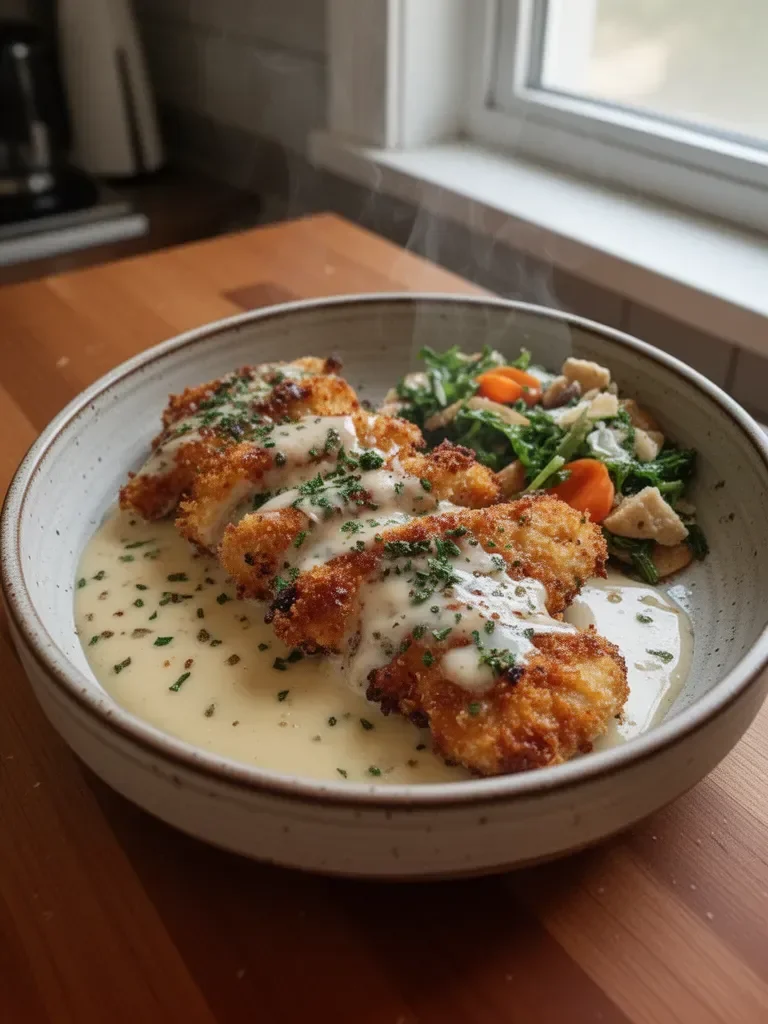 Crispy Parmesan Chicken with a Rich Garlic Sauce