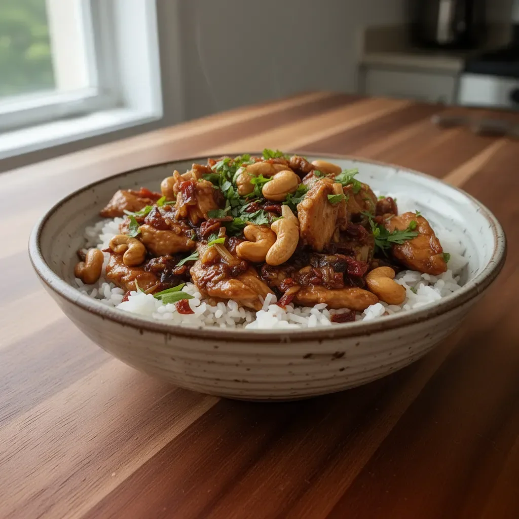 Delicious Crockpot Cashew Chicken served with rice and vegetables