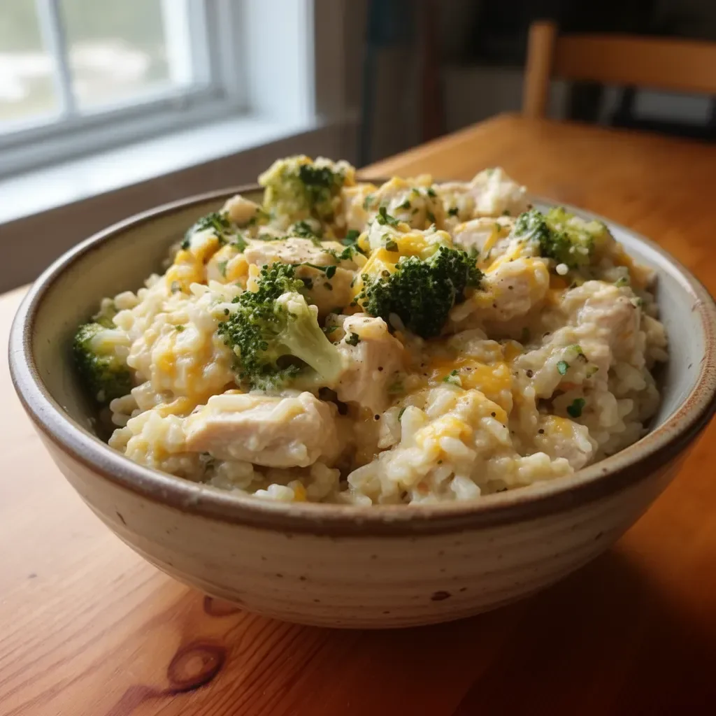 Crockpot Cheesy Chicken with Broccoli and Rice dish served in a bowl