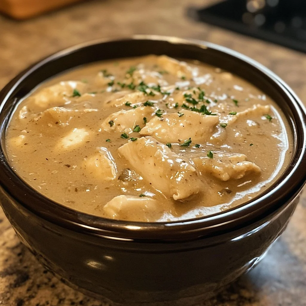 Crockpot Chicken and Gravy served with mashed potatoes