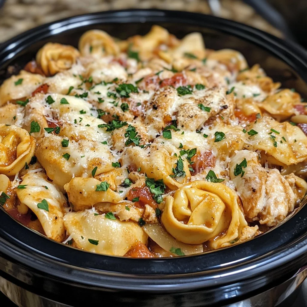 CrockPot Chicken Tortellini dish with tender chicken and pasta