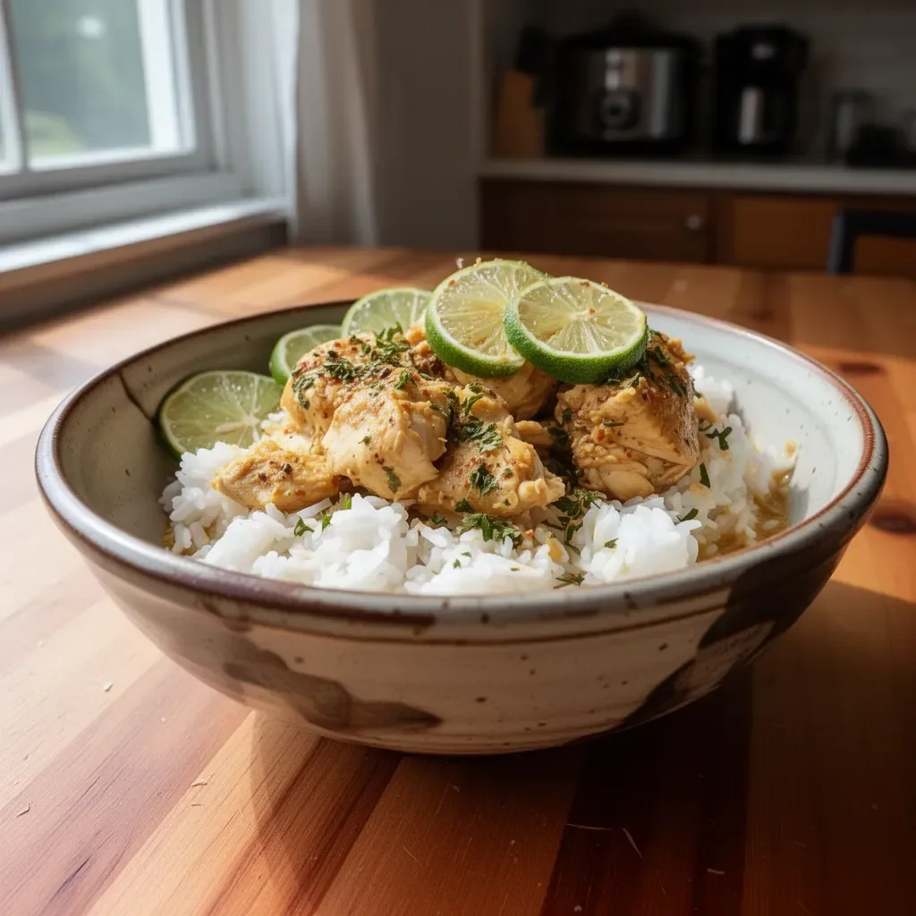 Crockpot Coconut Lime Chicken served with a side of fresh vegetables