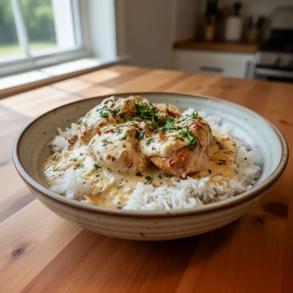 Crockpot Marry Me Chicken served with creamy sauce and herbs
