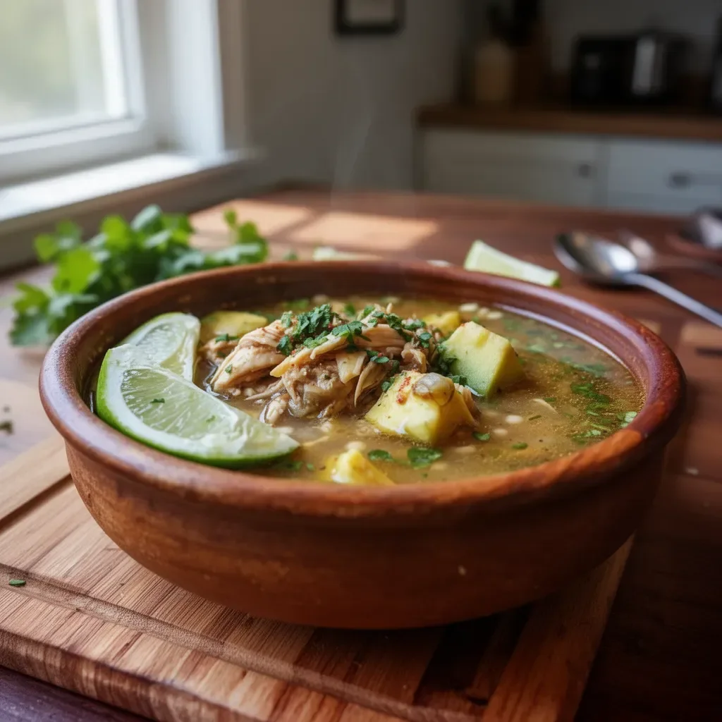 Bowl of Crockpot Mexican Chicken Green Pozole garnished with cilantro and lime.