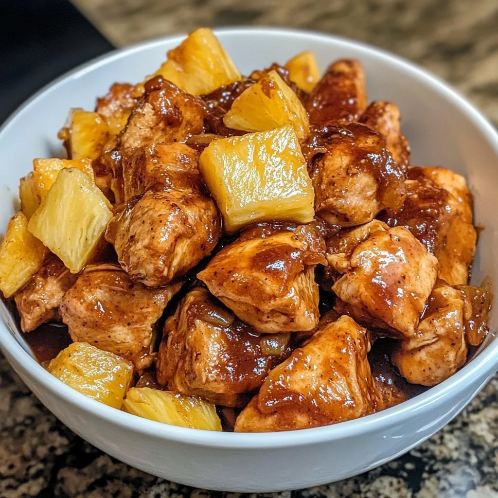 Crockpot Pineapple BBQ Chicken served with fresh herbs
