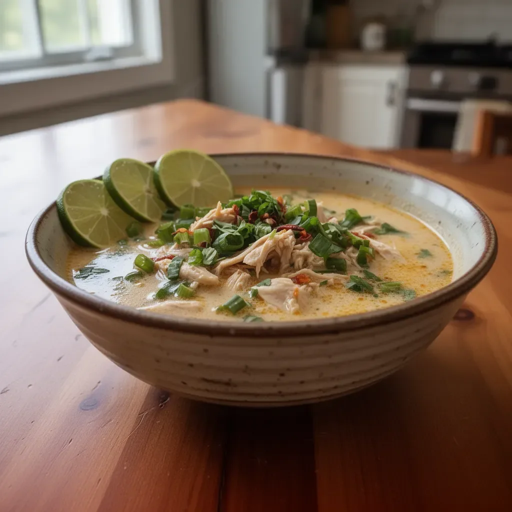 Crockpot Thai Coconut Chicken Soup in a bowl with fresh herbs and lime
