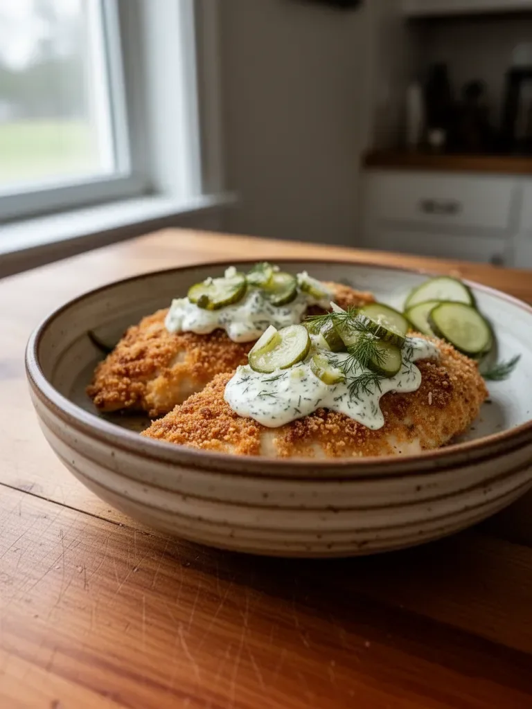Delicious Dill Pickle Parmesan Chicken on a white plate garnished with herbs