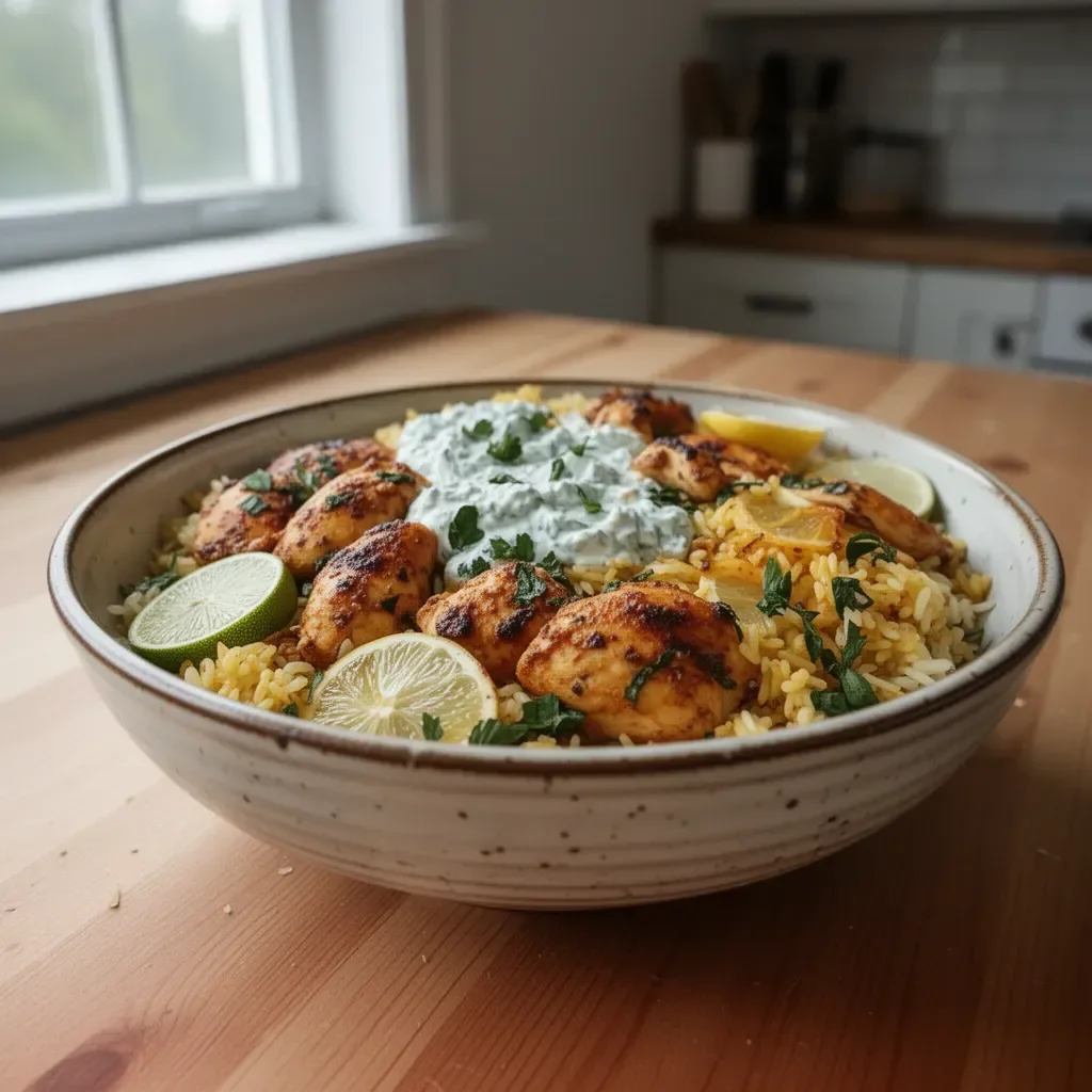 Delicious dump and bake chicken tzatziki rice dish served in a bowl