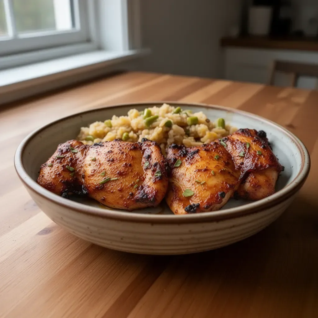 Easy Air Fryer Boneless Skinless Chicken Thighs 3 Delicious air fryer chicken thighs on a plate, ready to serve.