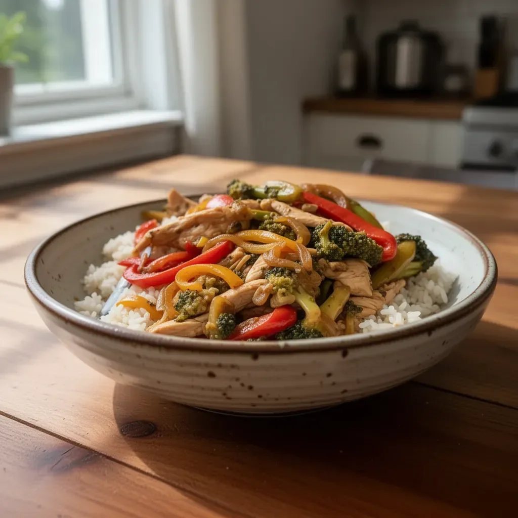 Delicious easy chicken stir fry with colorful vegetables in a wok