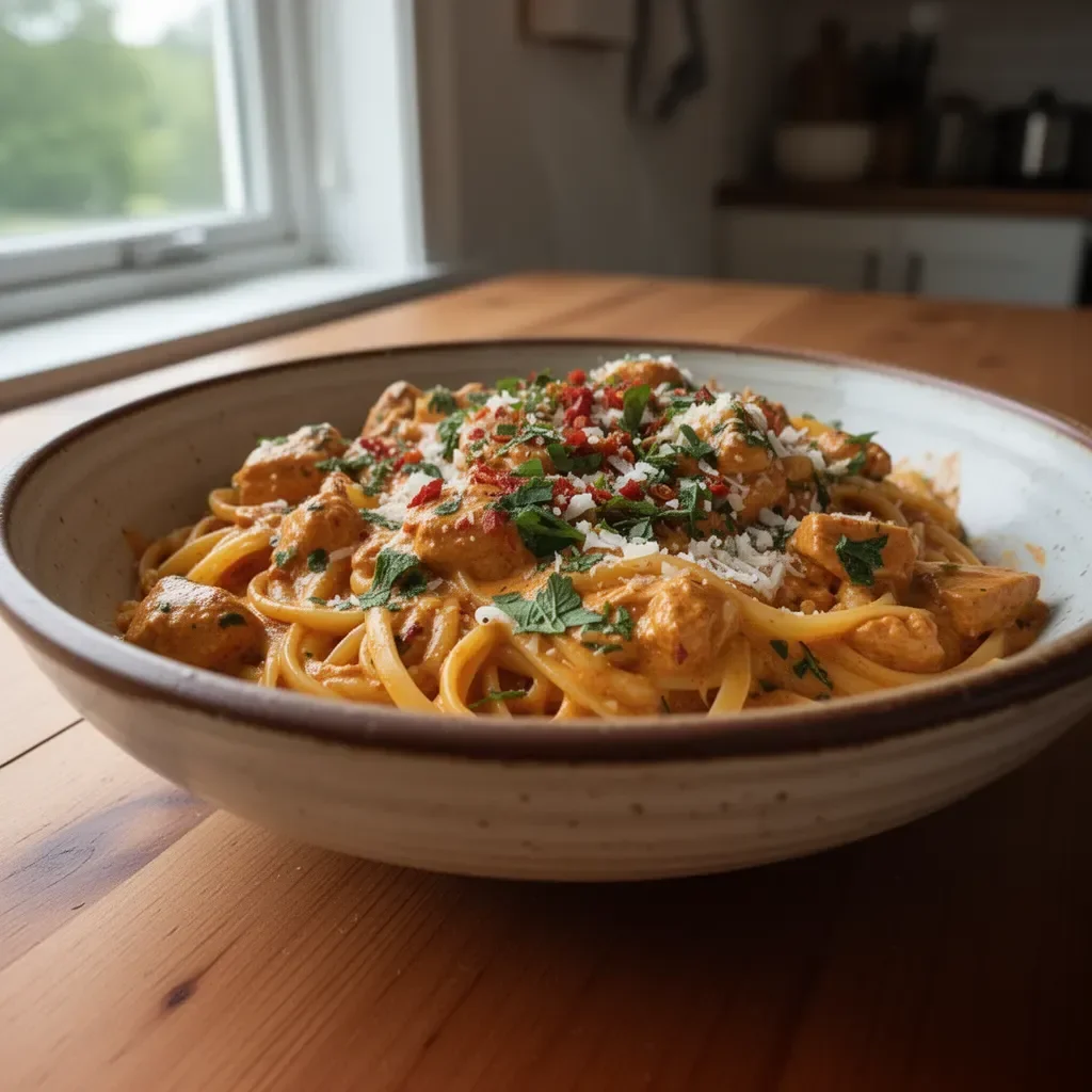 Easy Cowboy Butter Chicken Linguine served in a bowl with fresh herbs.