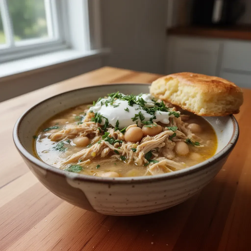 Bowl of easy crockpot white chicken chili soup with toppings