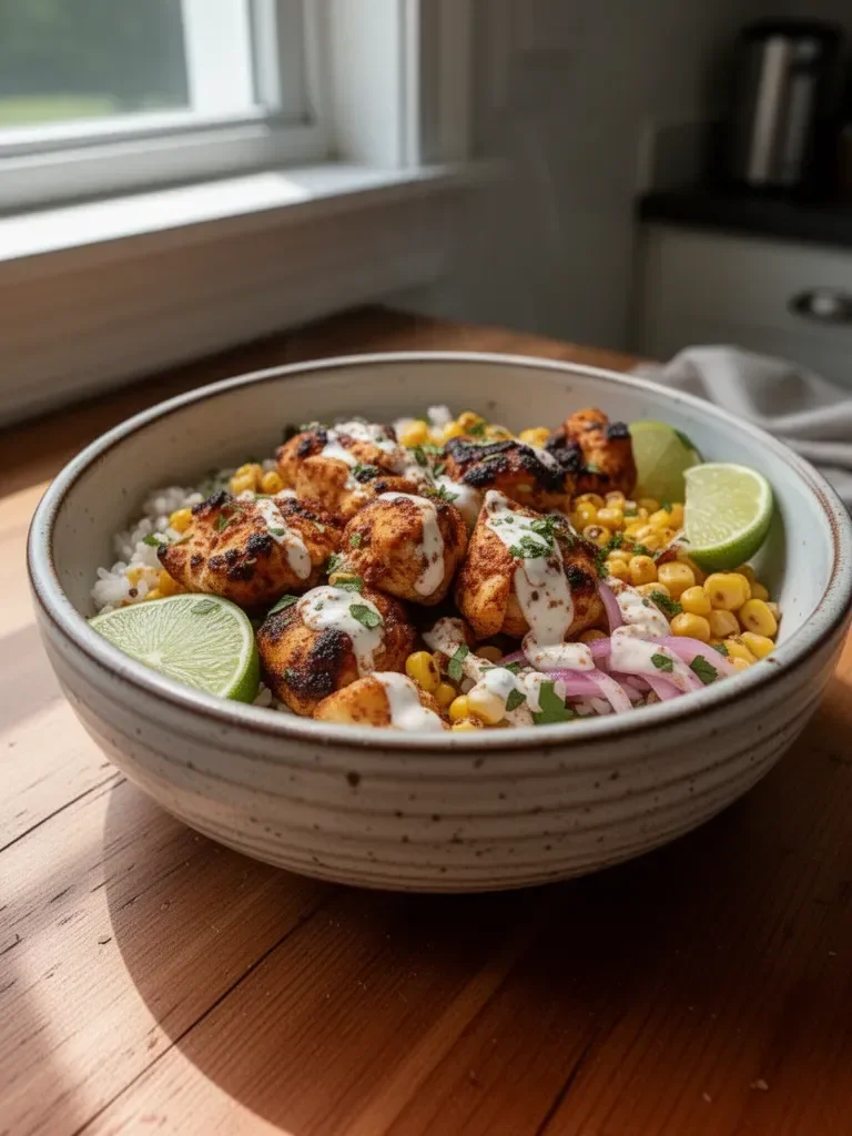 Easy Street Corn Chicken Bowl with ingredients displayed in a colorful bowl.