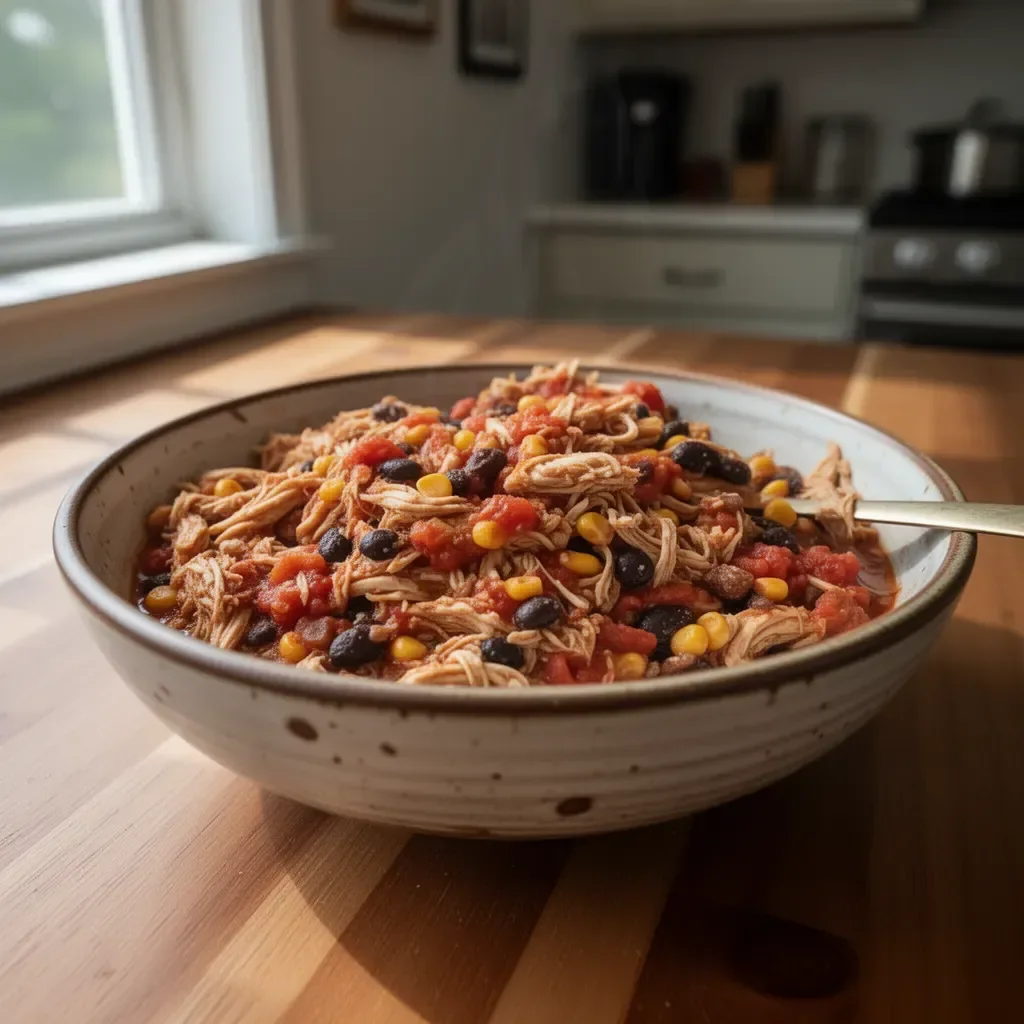 Delicious Five Ingredient Tex Mex Chicken cooked in a crockpot.