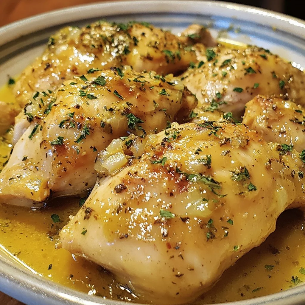 Tender Garlic Butter Chicken cooked in a crockpot with herbs and spices.