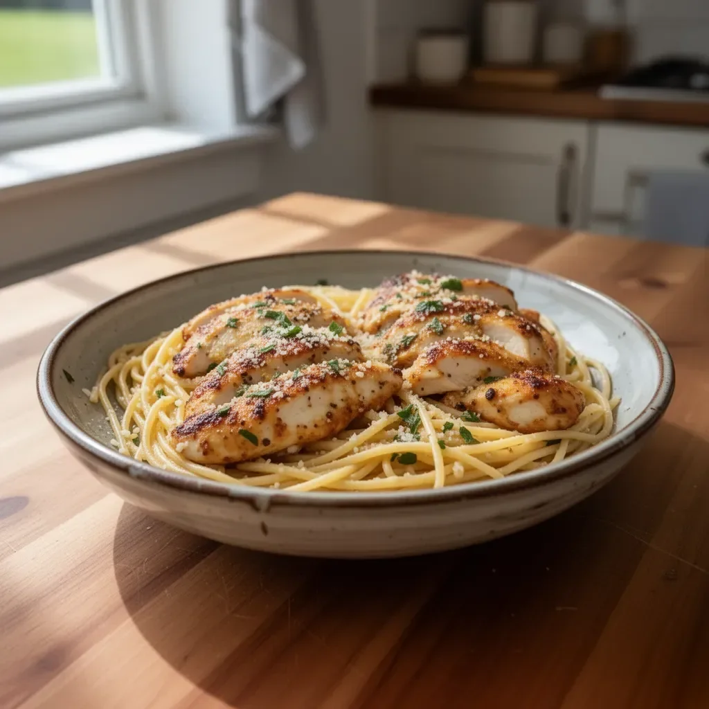 Delicious Garlic Butter Chicken Pasta served on a plate with herbs and cheese