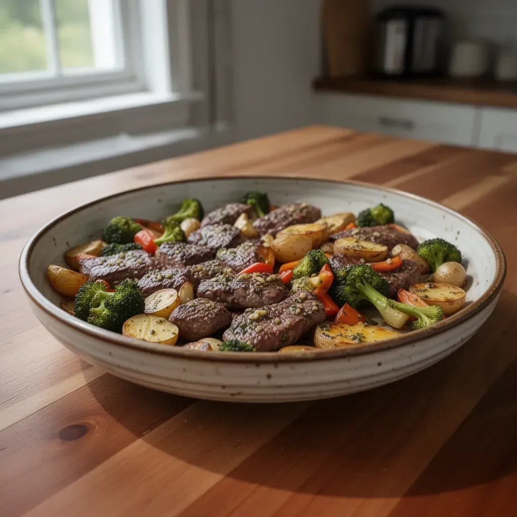 Garlic Butter Steak with colorful veggies on a sheet pan, ready to serve.