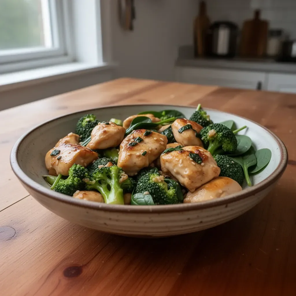 Garlic chicken served with broccoli and spinach on a plate.
