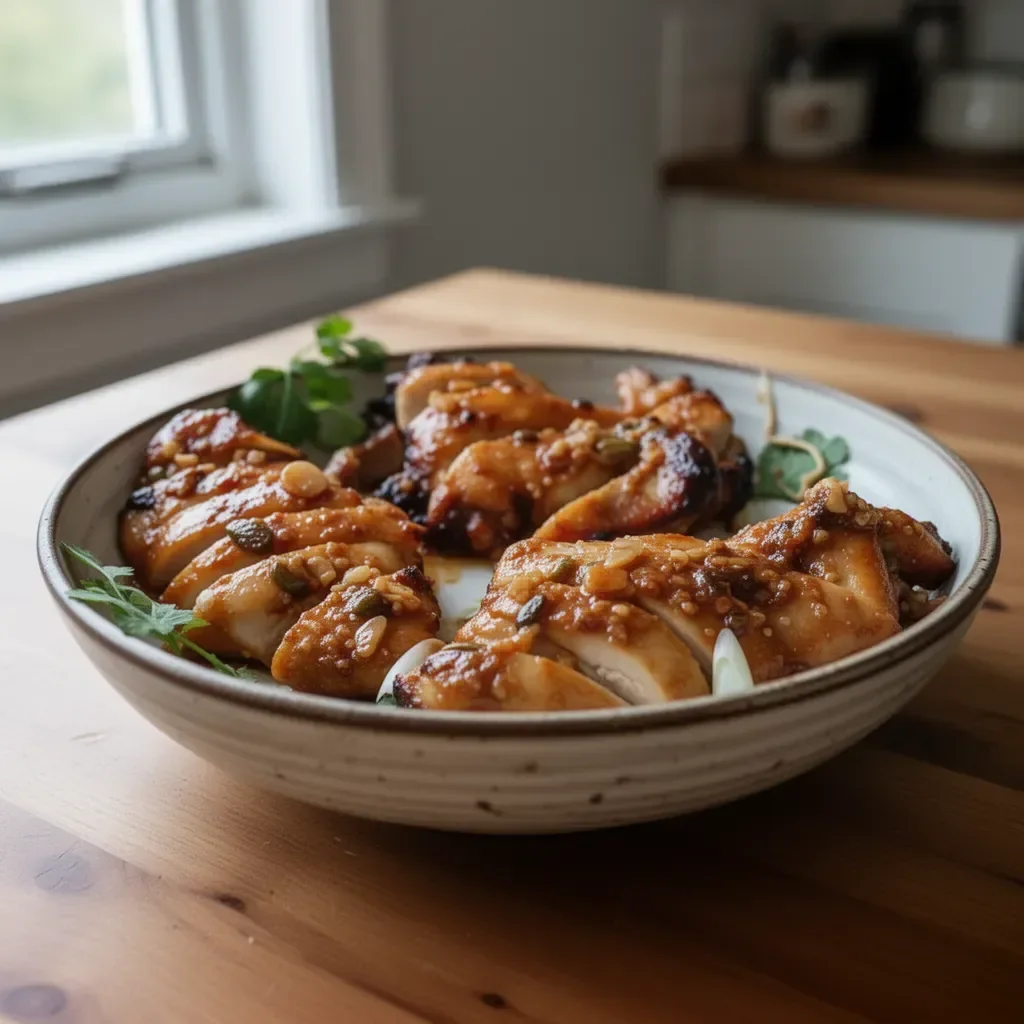Dish of Garlic Miso Chicken garnished with herbs and served with vegetables