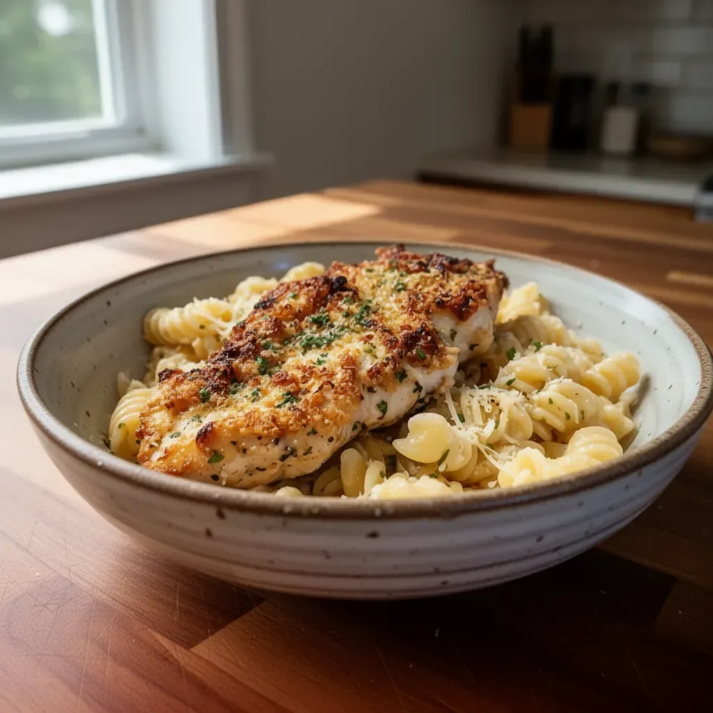 Delicious Garlic Parmesan Chicken served with pasta in a creamy sauce
