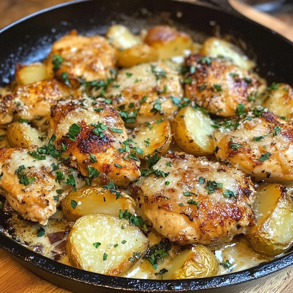 Garlic Parmesan Chicken served with potatoes in a skillet dish.