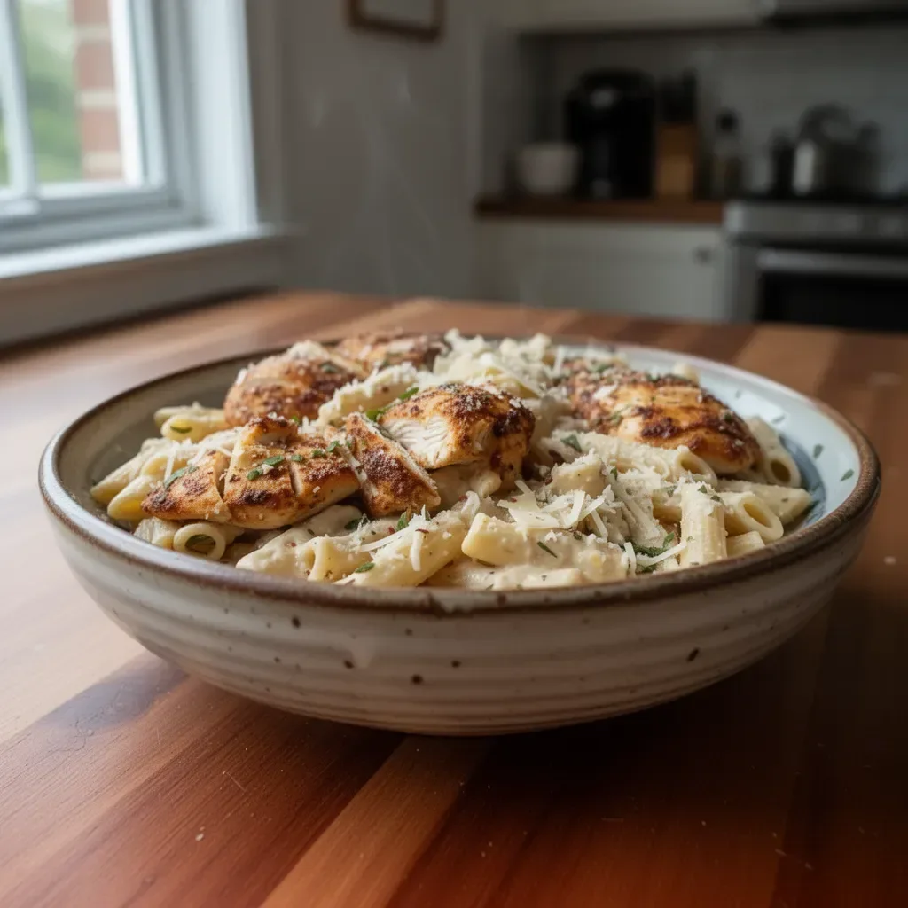 Delicious Garlic Parmesan Chicken Pasta served in a bowl with herbs and cheese.