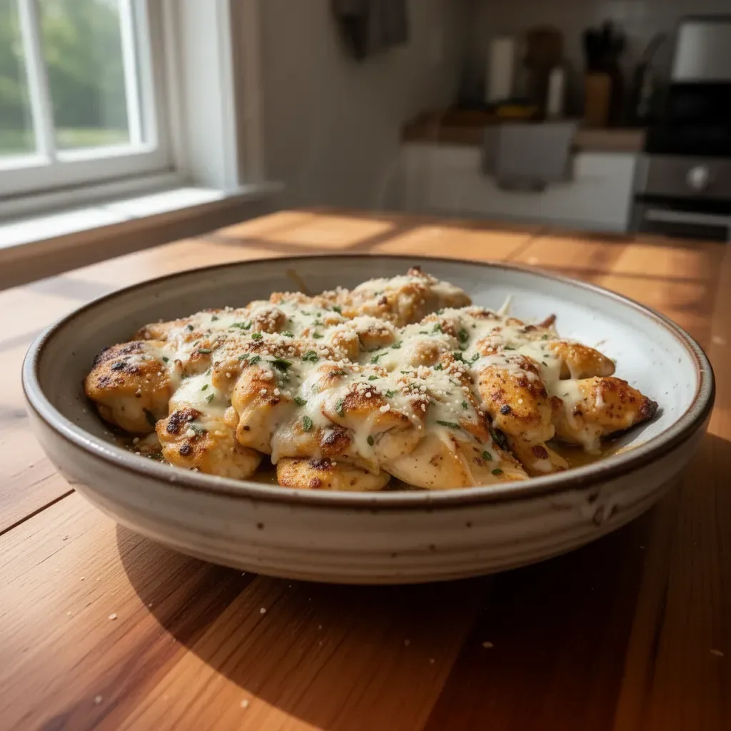 Delicious Garlic Parmesan Chicken Skillet served with herbs and spices