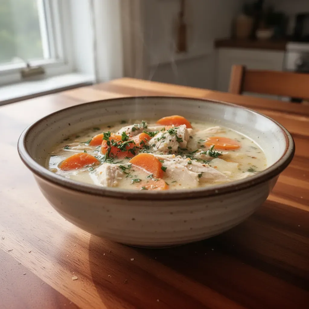 Bowl of creamy Garlic Parmesan Chicken Soup with herbs and garlic bread serving