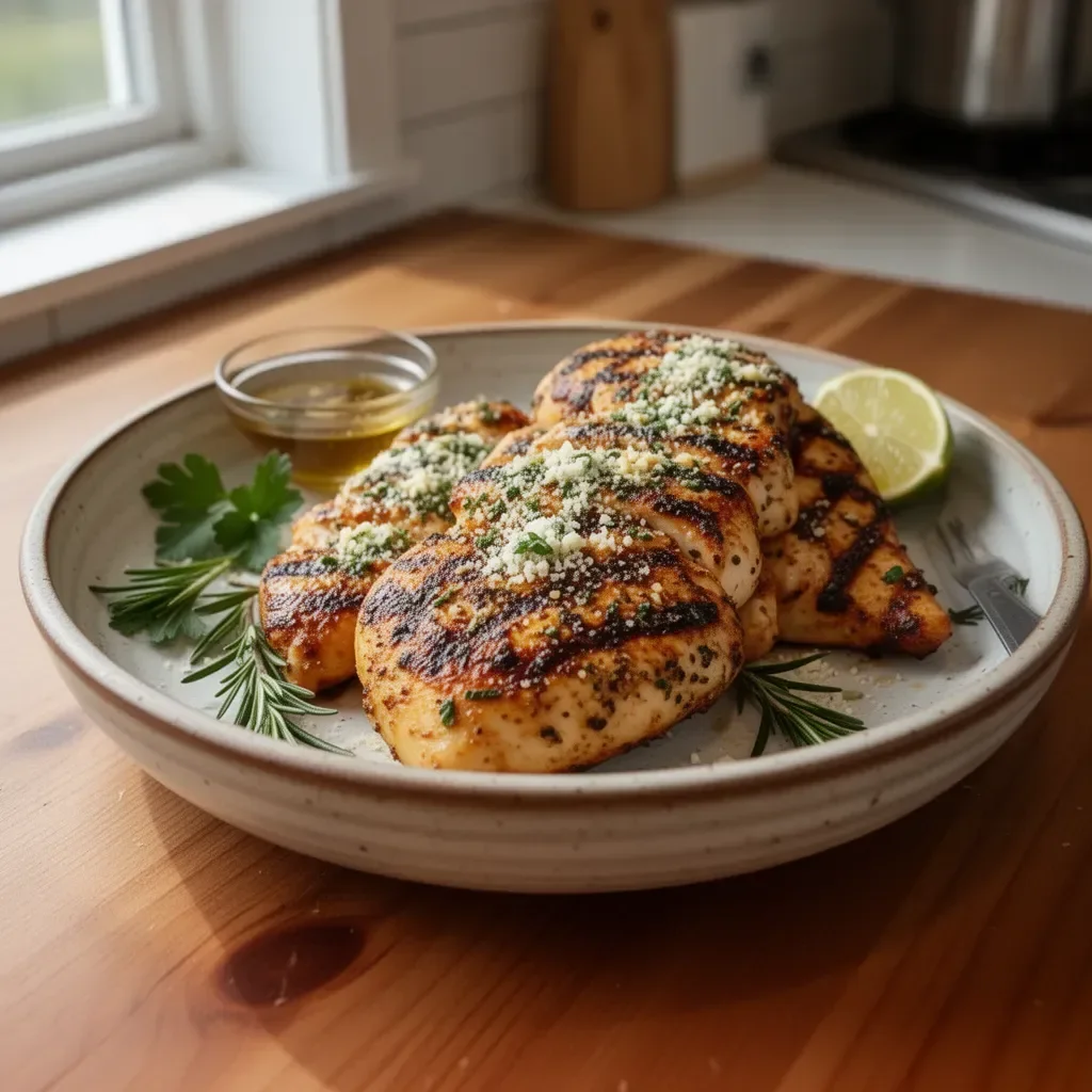 Delicious Garlic Parmesan Grilled Chicken served on a white plate with herbs.