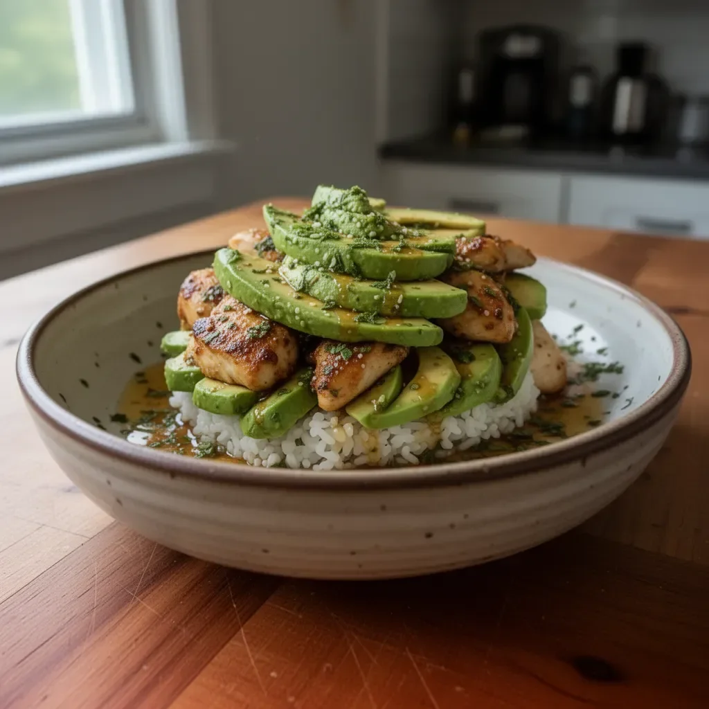 Gluten-Free Honey Lime Chicken served with Avocado Rice Stack
