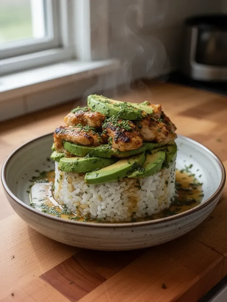 Gluten-Free Tangy Honey Lime Chicken & Avocado Rice Stack