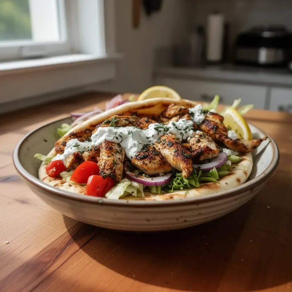 Delicious Greek Chicken Gyros with Lemon-Herb Marinade served in pita