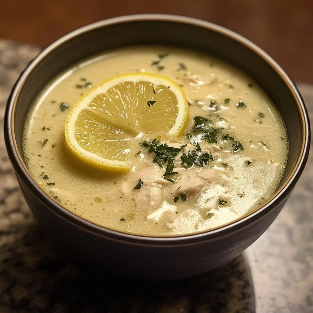 Bowl of Greek Lemon Chicken Soup garnished with lemon and herbs