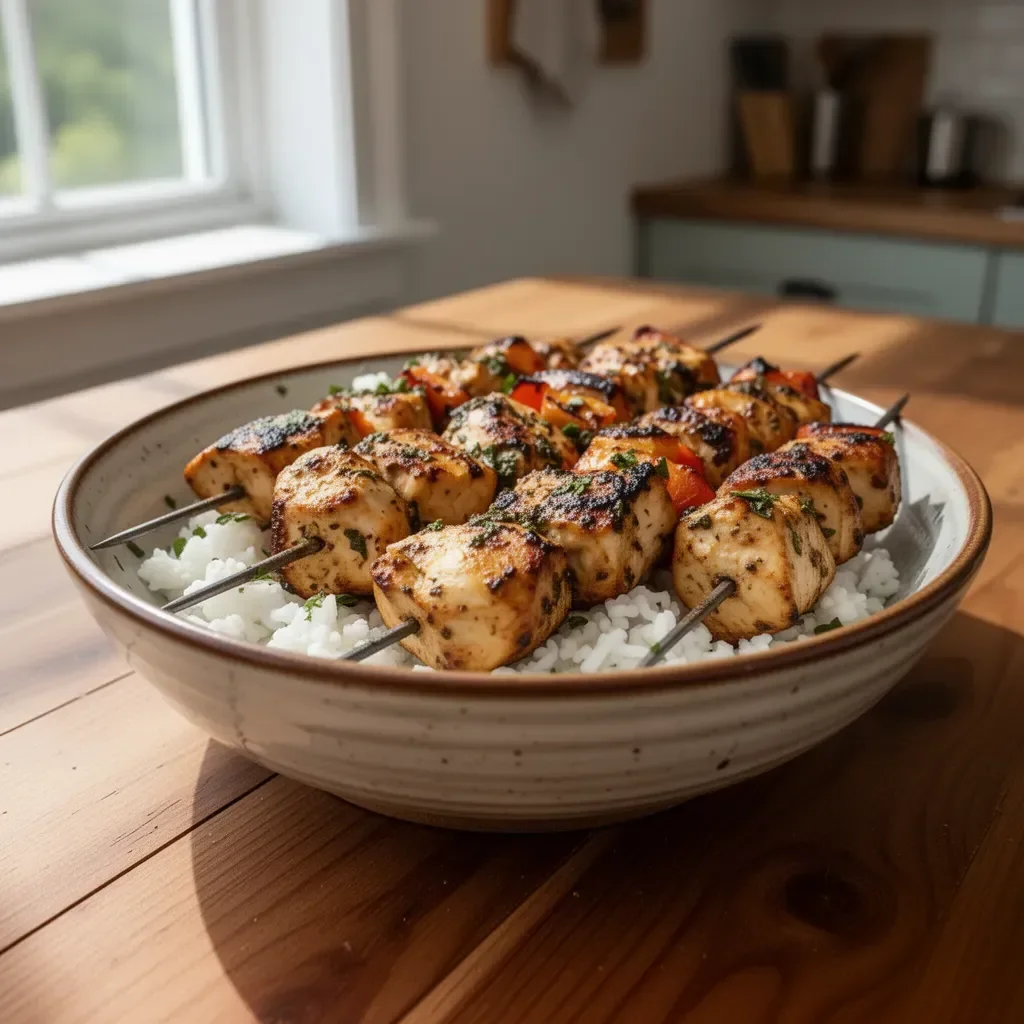 Greek Marinated Chicken Kabobs with colorful vegetables on skewers