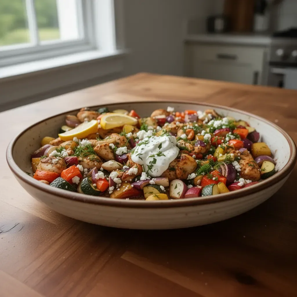 Delicious Greek Sheet Pan Chicken with colorful veggies on a baking tray