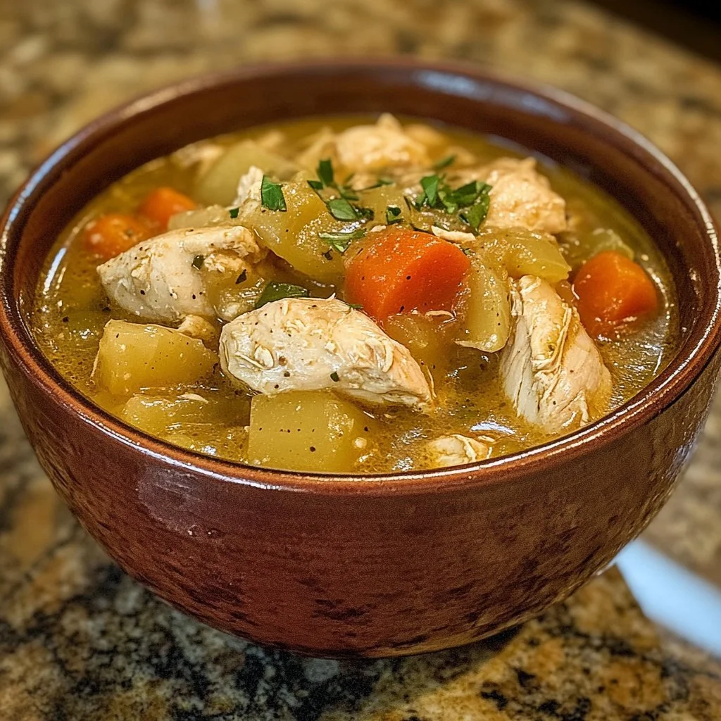 Delicious bowl of Green Chile Chicken Stew with fresh green chiles and chicken