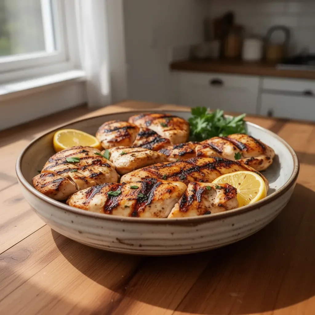Succulent grilled chicken with herbs and spices on a barbecue grill.