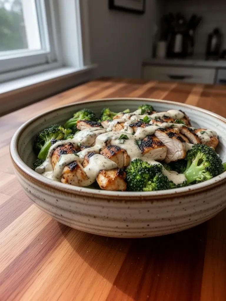 Grilled chicken and broccoli bowl drizzled with creamy garlic sauce
