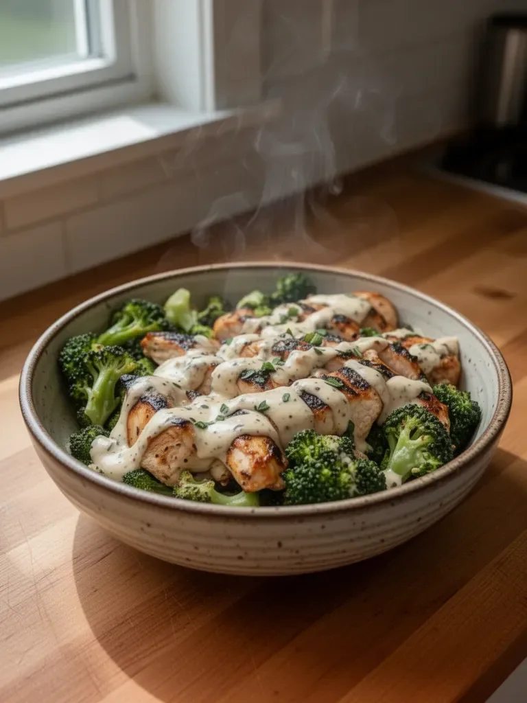 Grilled Chicken & Broccoli Bowls with Creamy Garlic Sauce 4 Grilled Chicken & Broccoli Bowls with Creamy Garlic Sauce