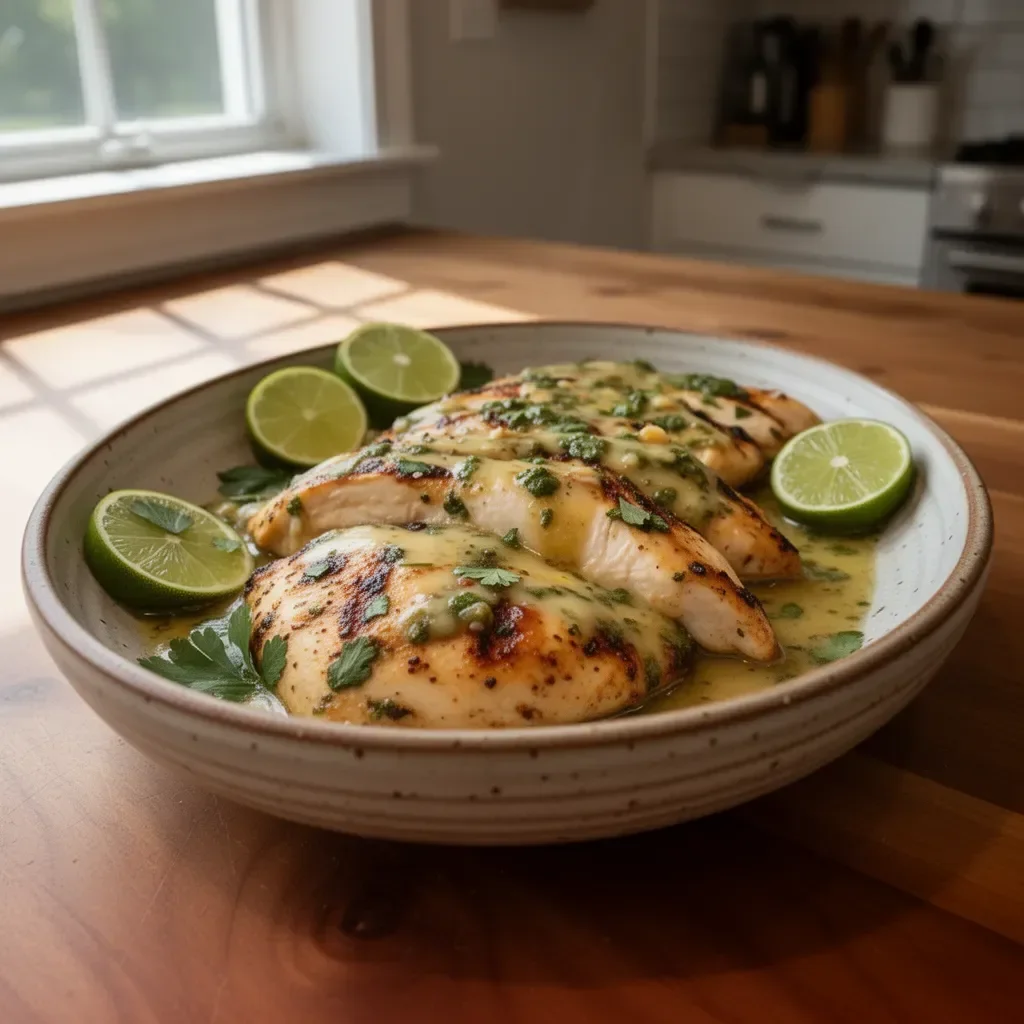 Delicious grilled salsa verde chicken topped with pepper jack cheese on a plate.