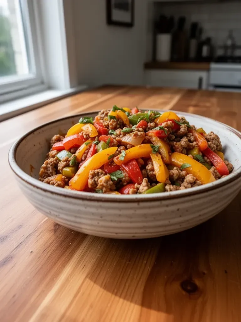 Cooked ground turkey mixed with vibrant peppers in a skillet