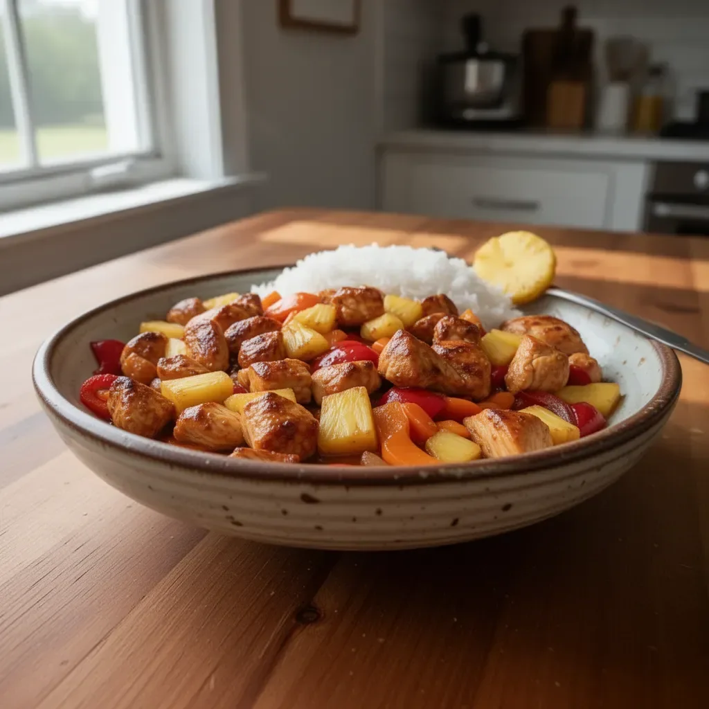 Plate of Hawaiian Chicken Dinner with tropical fruits and rice