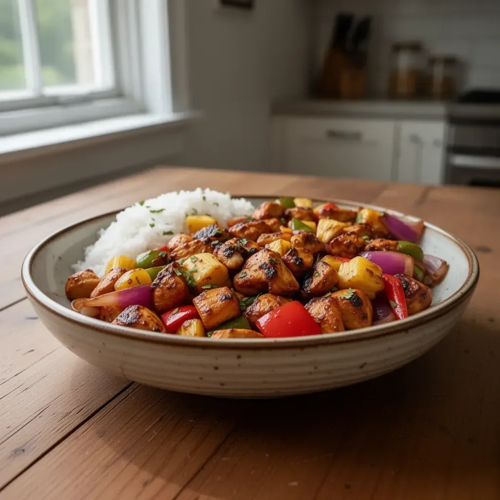 Hawaiian Chicken Sheet Pan with colorful vegetables and pineapple