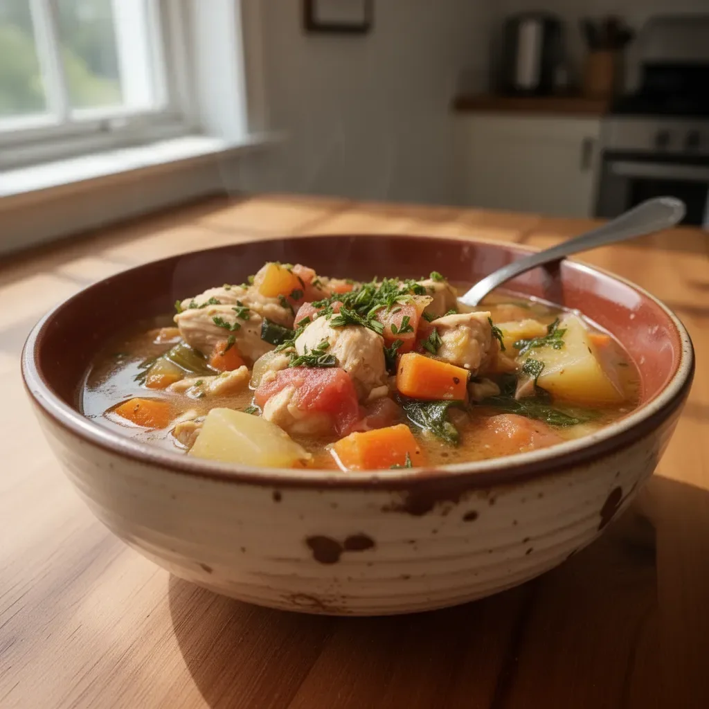 Hearty chicken and vegetable stew in a bowl with fresh herbs