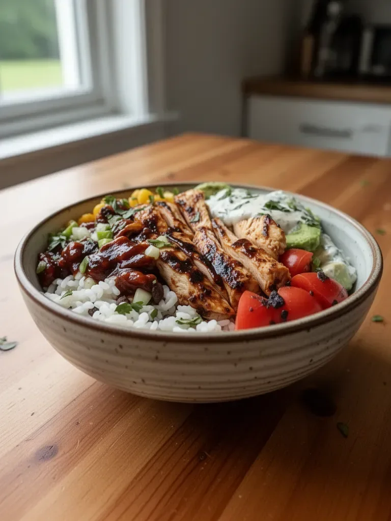 High Protein BBQ Chicken Ranch Bowl with fresh ingredients