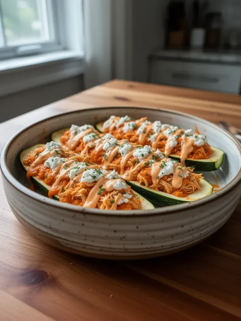 High protein buffalo chicken stuffed zucchini boats garnished with herbs