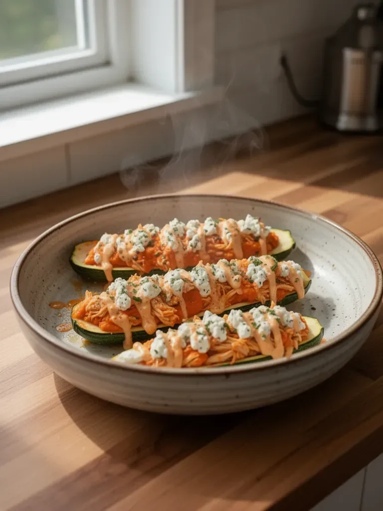 High Protein Buffalo Chicken Stuffed Zucchini Boats