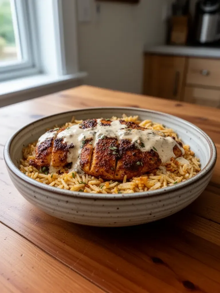 High protein creamy Cajun chicken served with rice in a bowl