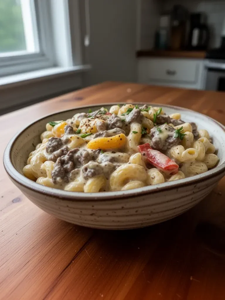 Creamy high-protein Philly cheesesteak mac and cheese topped with melted cheese.