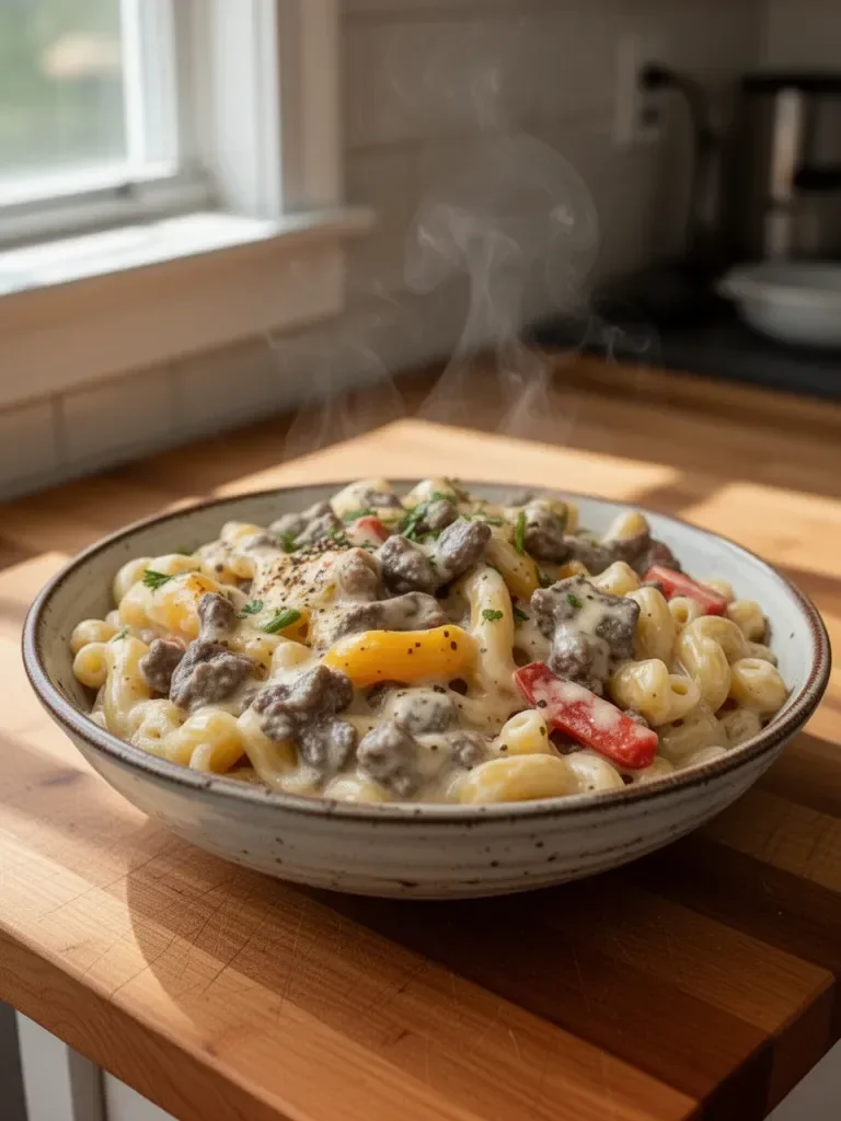High-Protein Creamy Philly Cheesesteak Mac & Cheese
